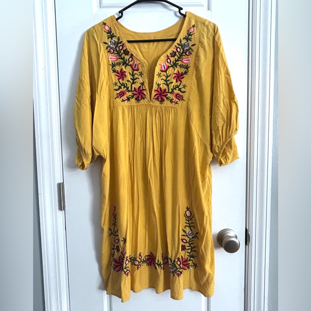 Kafeimali Bohemian Yellow Floral Embroidered Tunic  Dress V-Neck Peasant Style